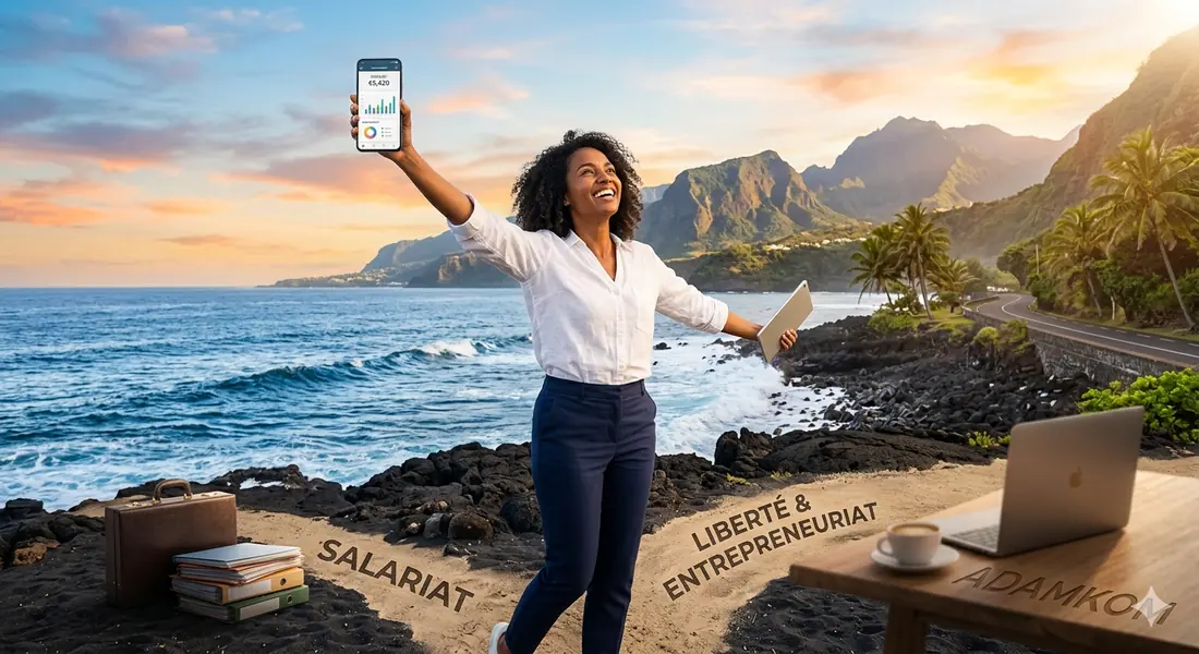 Entrepreneure réunionnaise face à l'océan, smartphone à la main